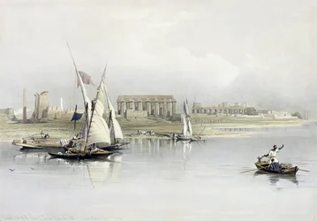 Vue générale des ruines de Louxor depuis le Nil, tirée d